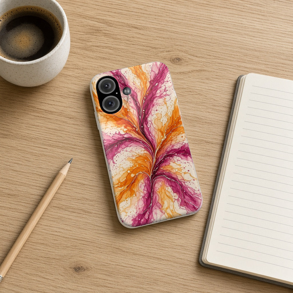 Sunset Ink Branches slim phone case on an oak desk with a notebook, pencil and coffee
