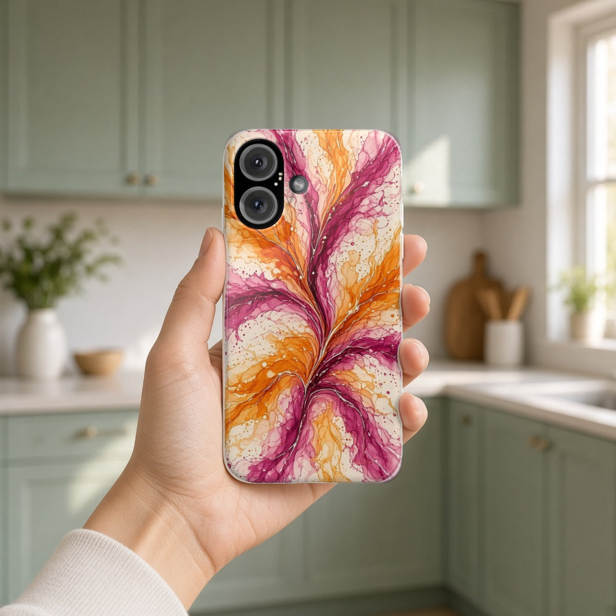 Hand holding the Sunset Ink Branches slim phone case in a bright kitchen
