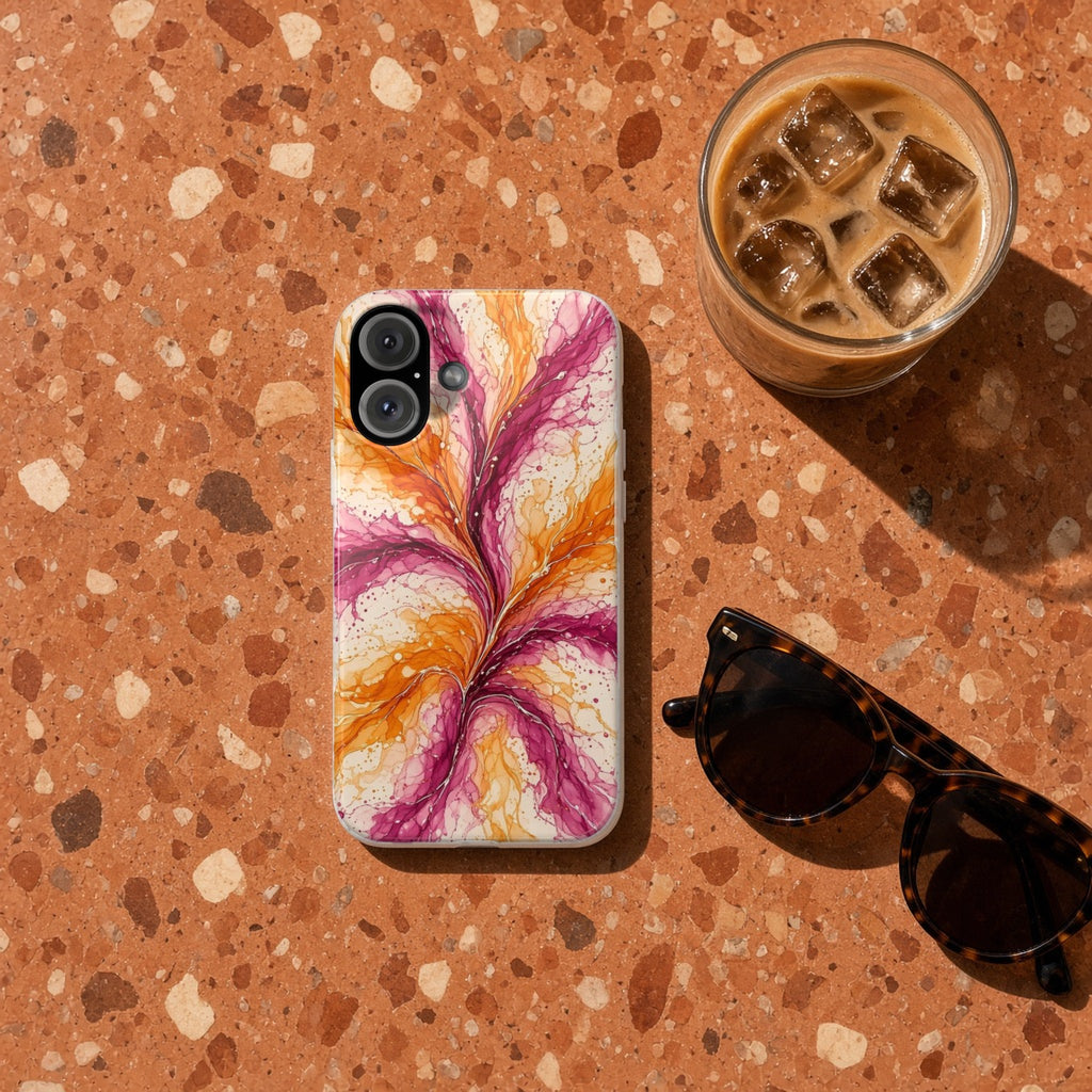 Sunset Ink Branches slim phone case on terrazzo with an iced coffee and sunglasses