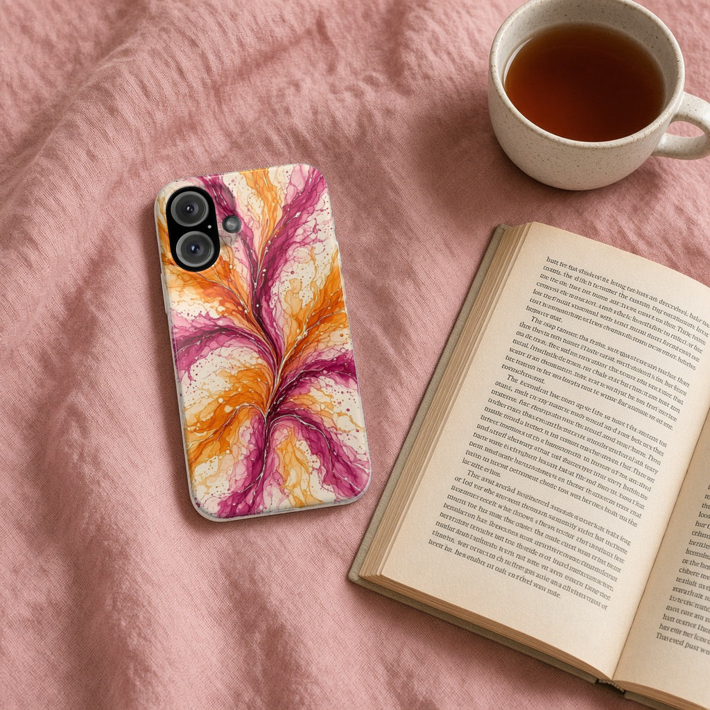 Sunset Ink Branches slim phone case on a pink bedspread with a book and tea