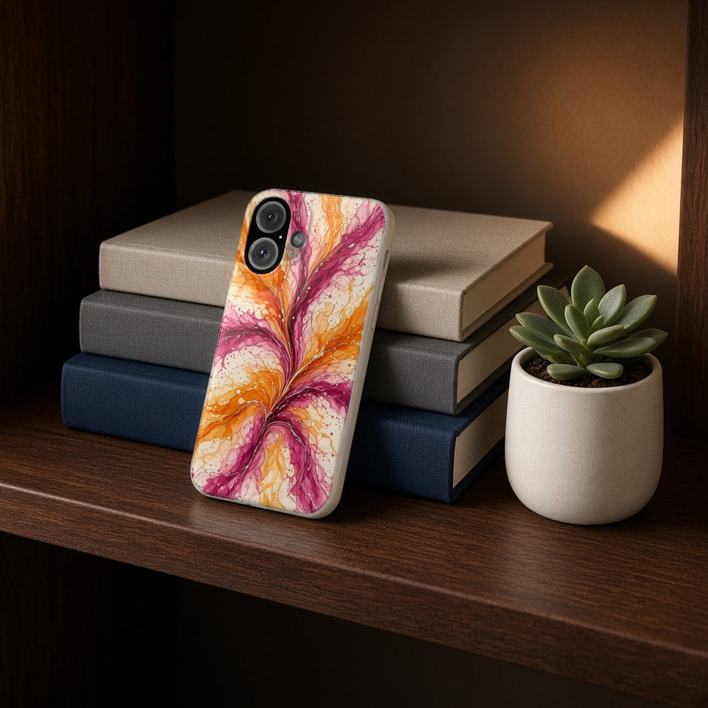 Sunset Ink Branches slim phone case propped on a bookshelf beside a small plant