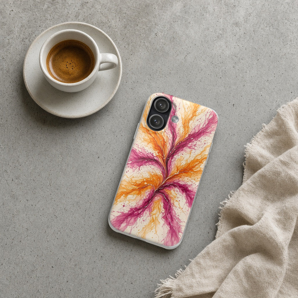 Sunset Ink Branches flexi phone case on a concrete cafe table with an espresso
