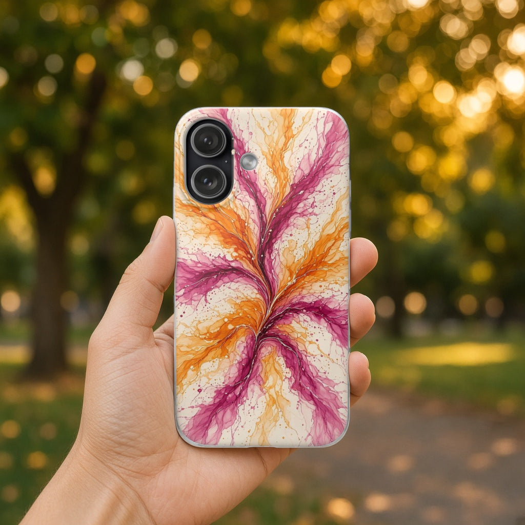 Hand holding the Sunset Ink Branches flexi phone case in a leafy park