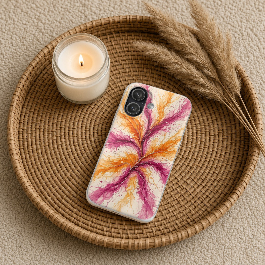 Sunset Ink Branches flexi phone case on a rattan tray with a candle and dried grasses