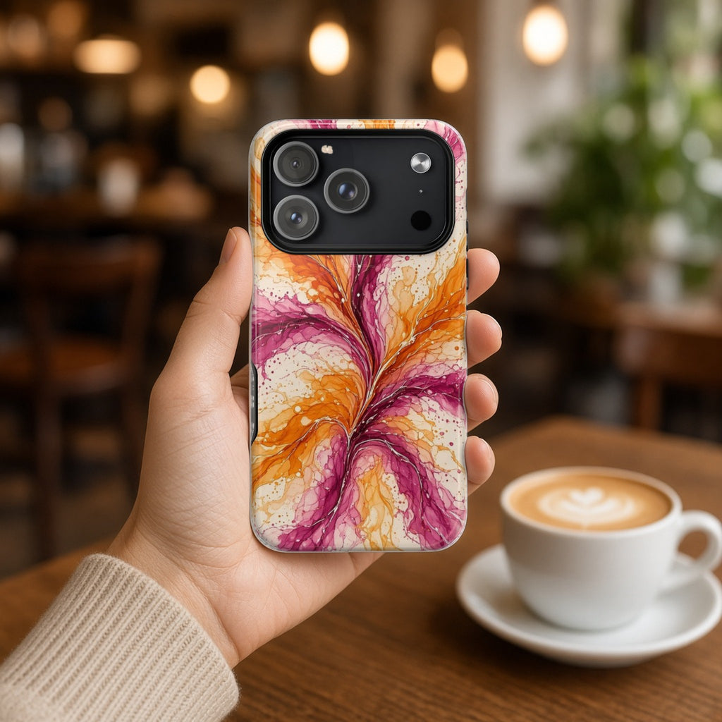 Hand holding the Sunset Ink Branches magnetic iPhone case in a cafe beside a latte