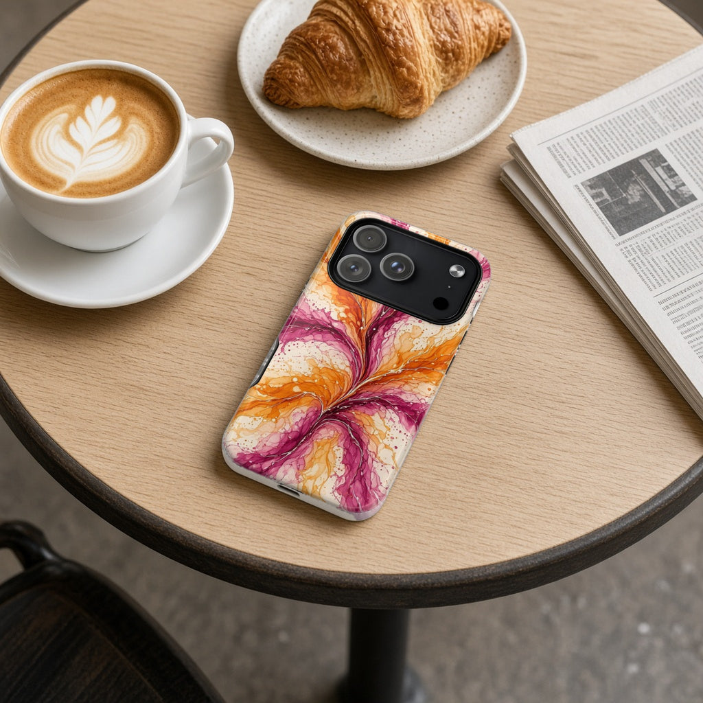 Sunset Ink Branches magnetic iPhone case on a cafe table with a latte, croissant and newspaper