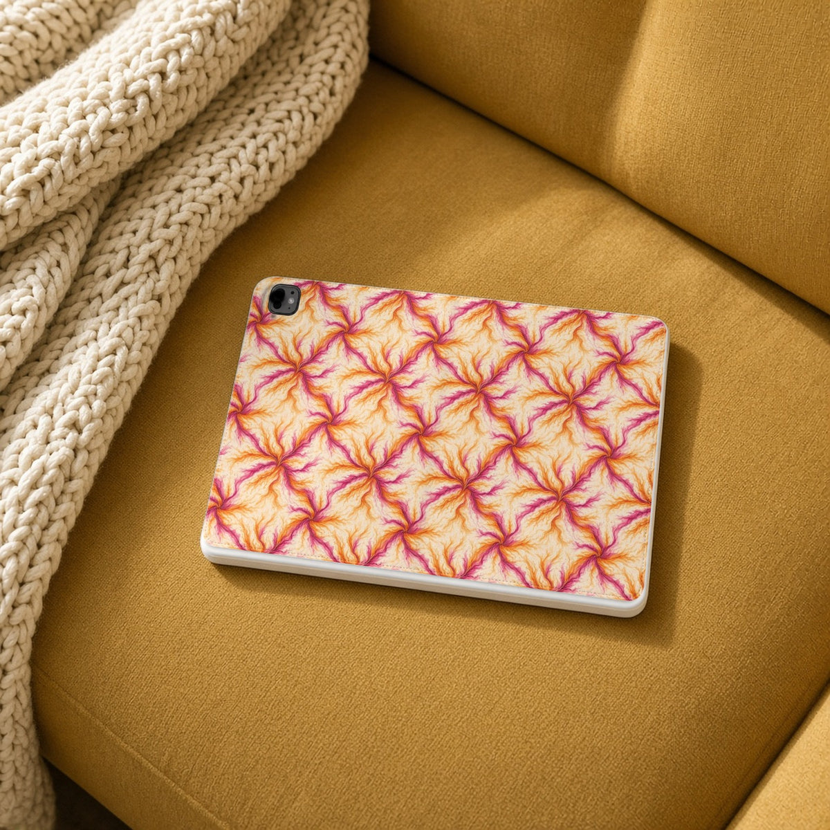 Sunset Ink Branches iPad folio case on a mustard sofa with a knit throw