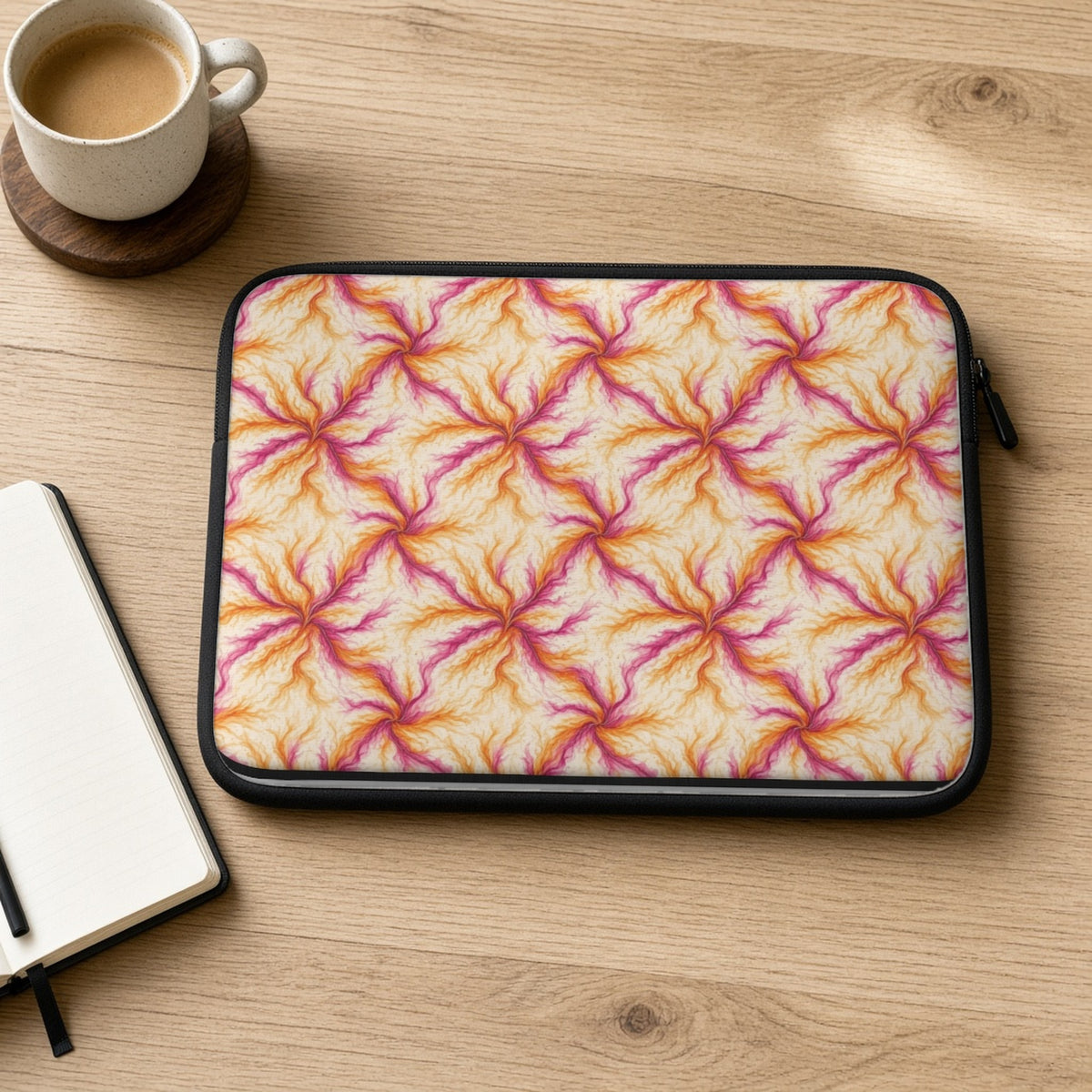 Sunset Ink Branches laptop sleeve on an oak desk with coffee and a notebook