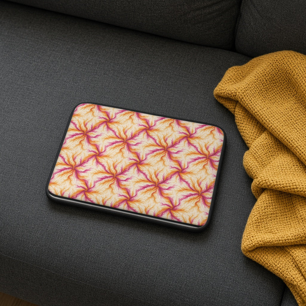 Sunset Ink Branches laptop sleeve on a charcoal sofa with a cosy throw