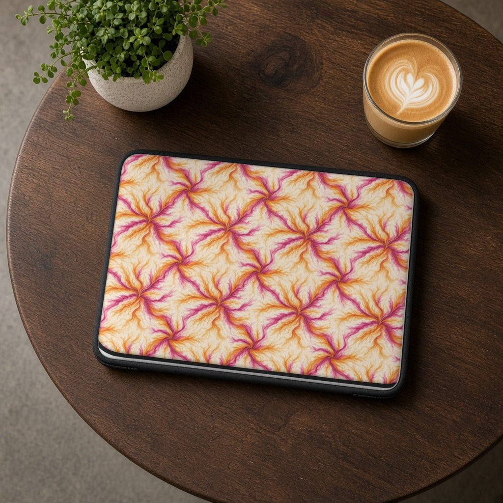 Sunset Ink Branches laptop sleeve on a round wooden cafe table with a latte