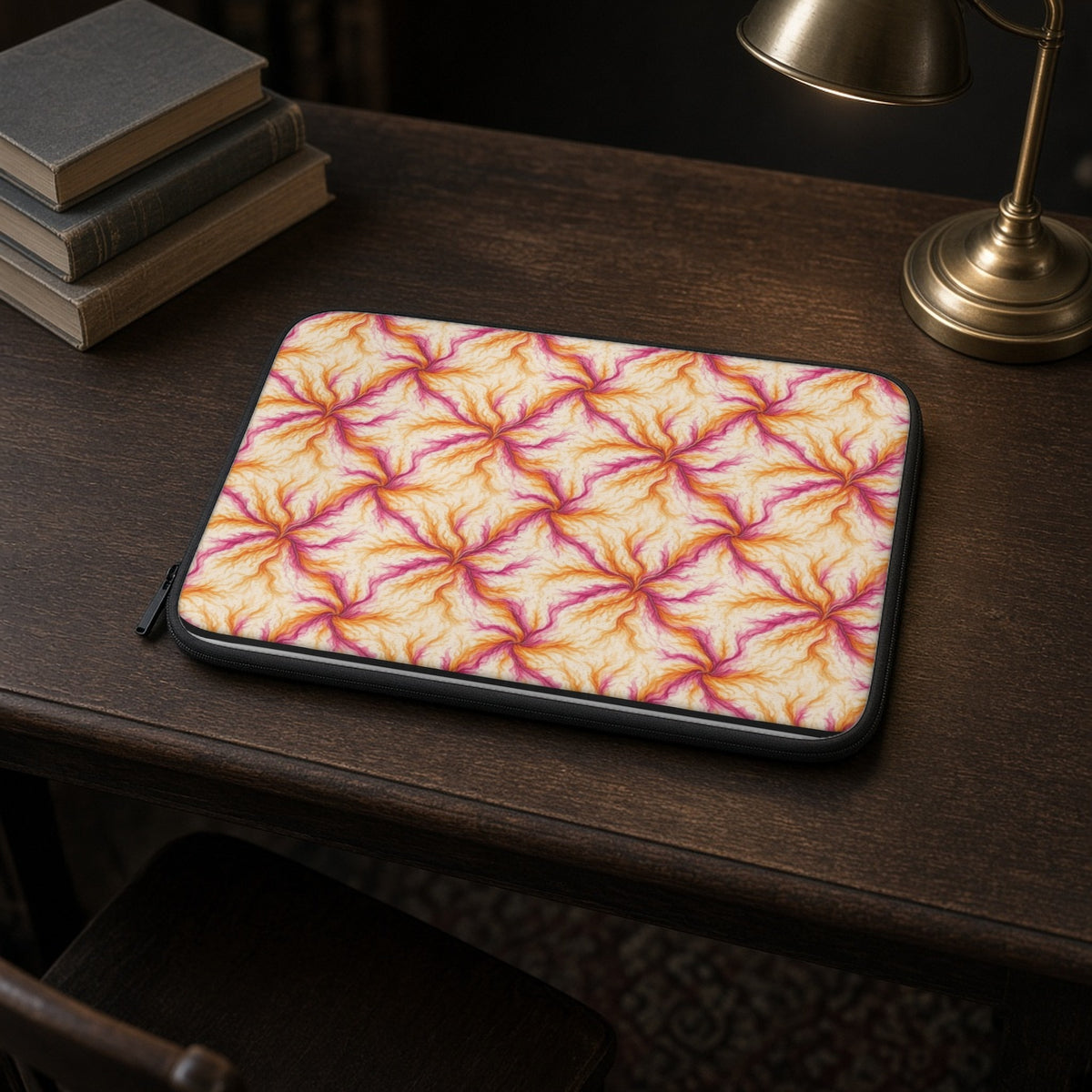 Sunset Ink Branches laptop sleeve on a dark wood library desk with books and a lamp