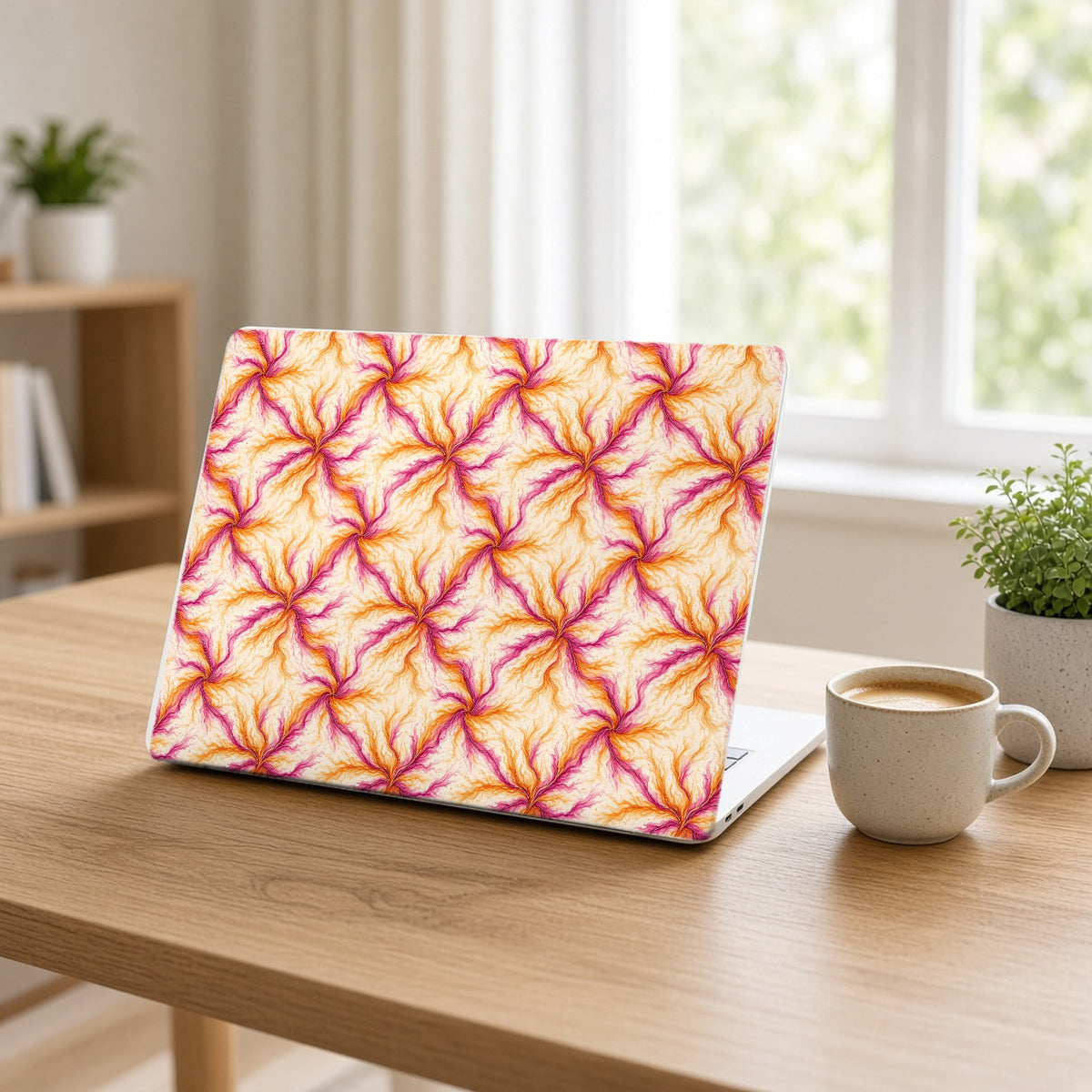 Sunset Ink Branches matte MacBook case on an open laptop at a home office desk