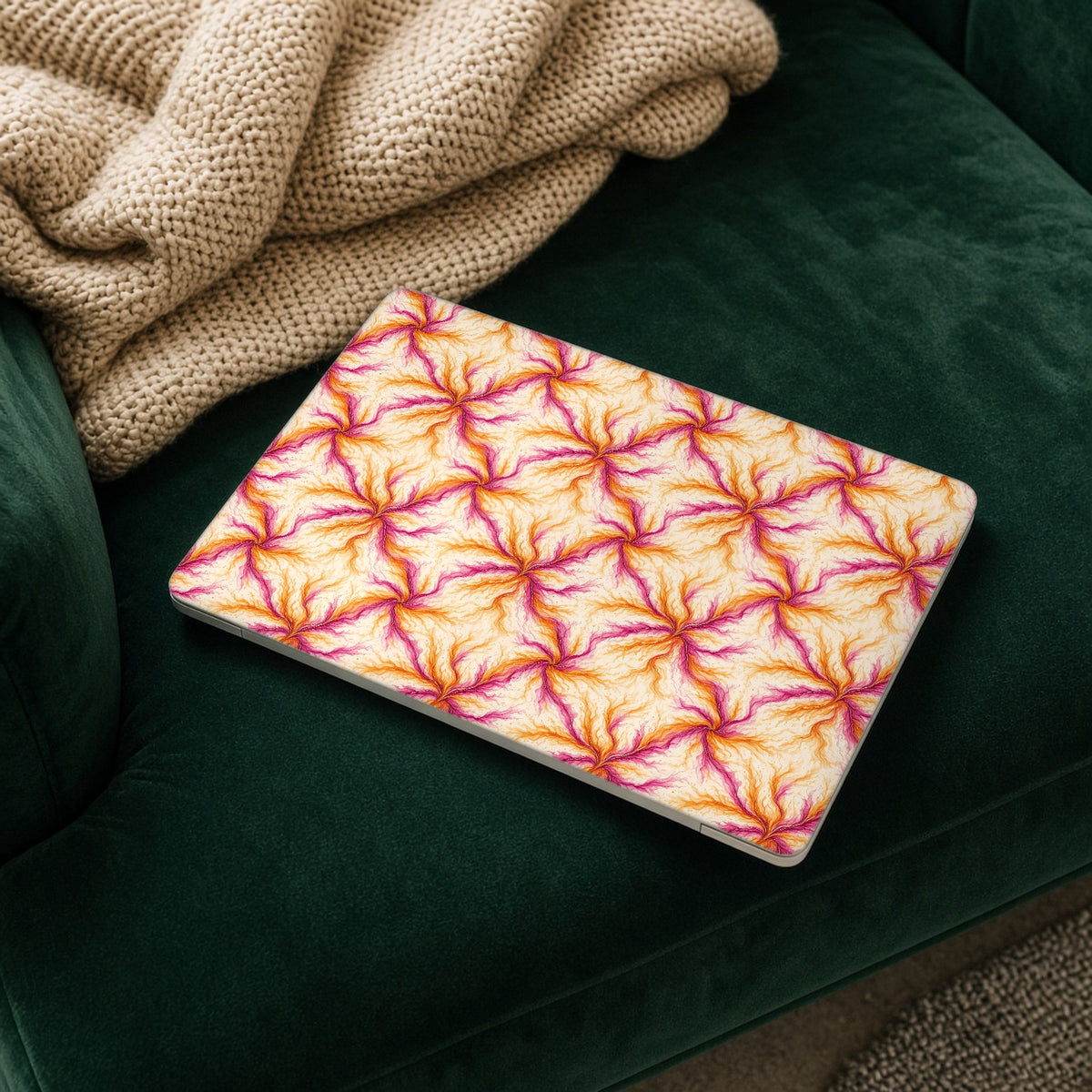 Sunset Ink Branches matte MacBook case on a laptop resting on a green velvet sofa