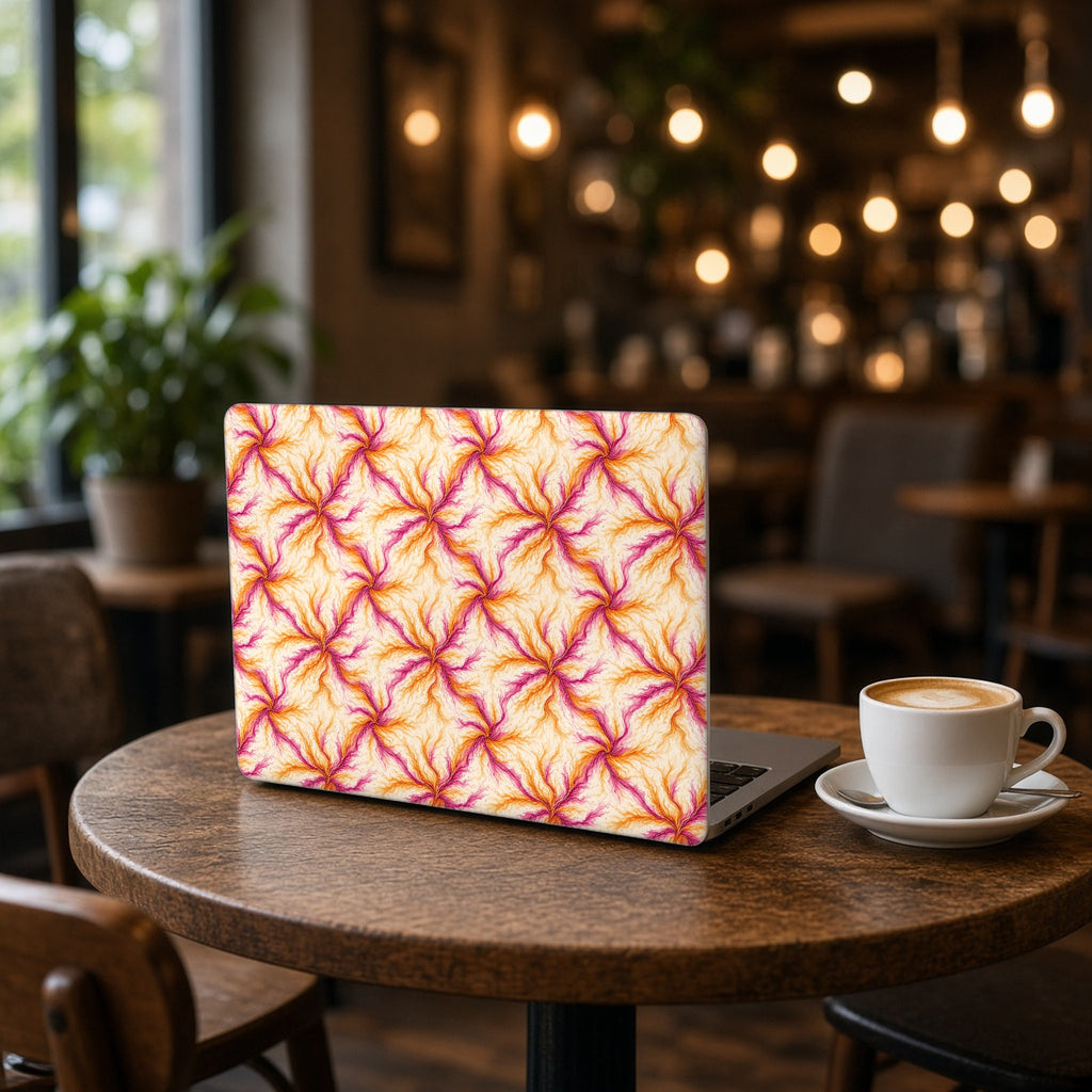 Sunset Ink Branches matte MacBook case on an open laptop on a cafe table