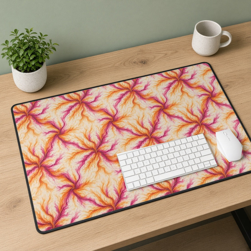 Sunset Ink Branches desk mat on a sage-walled desk with a white keyboard and mouse