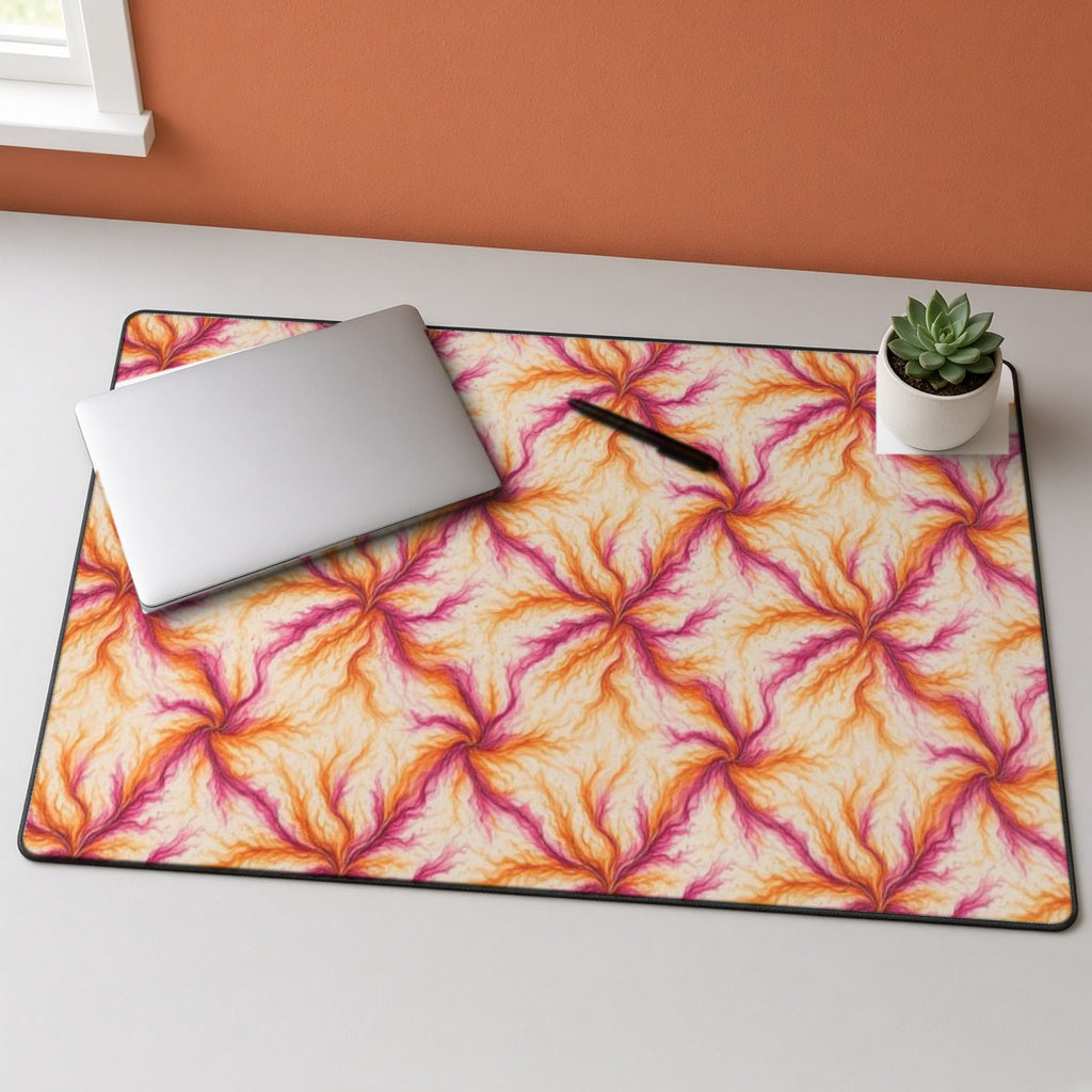 Sunset Ink Branches desk mat on a grey desk with a laptop and a plant