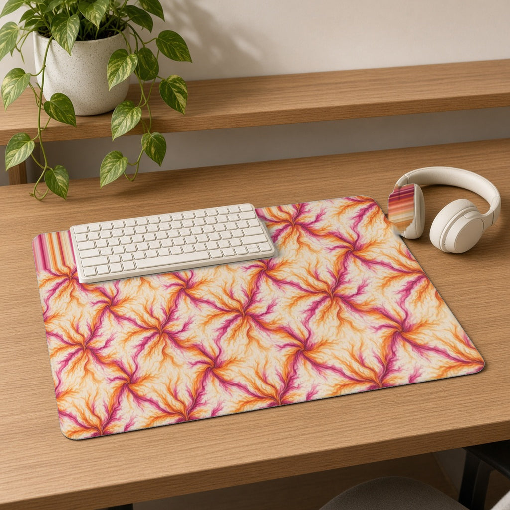 Sunset Ink Branches desk mat on an oak desk with a cream keyboard and headphones