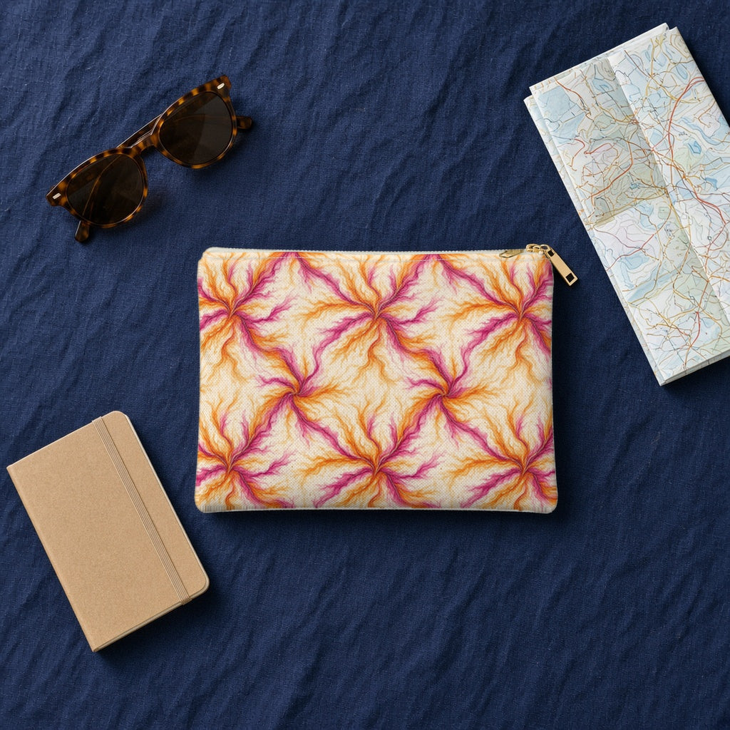Sunset Ink Branches zip accessory pouch on navy linen with sunglasses, a notebook and map
