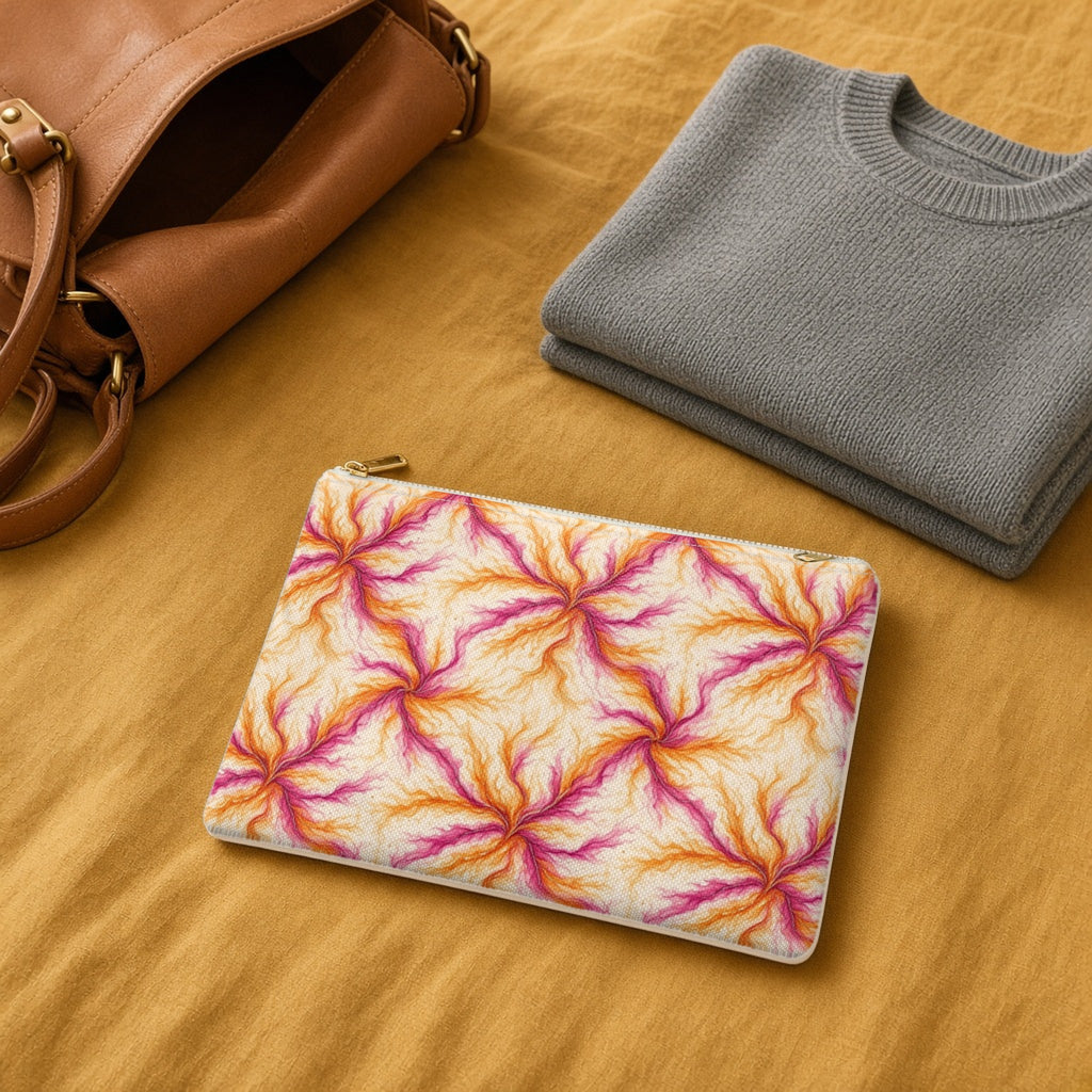 Sunset Ink Branches zip accessory pouch on a mustard bedspread with a leather bag and jumper
