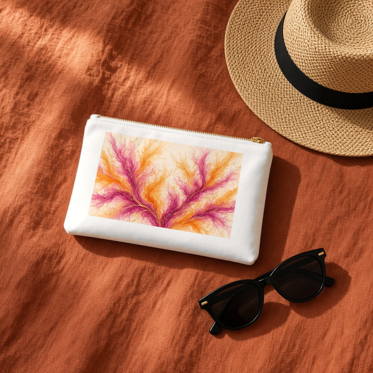 Sunset Ink Branches canvas cosmetic bag on terracotta linen with a sun hat and sunglasses