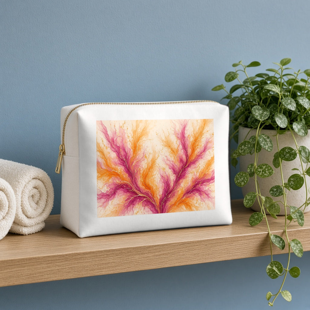 Sunset Ink Branches canvas cosmetic bag on a wooden shelf against a blue wall with towels and a plant