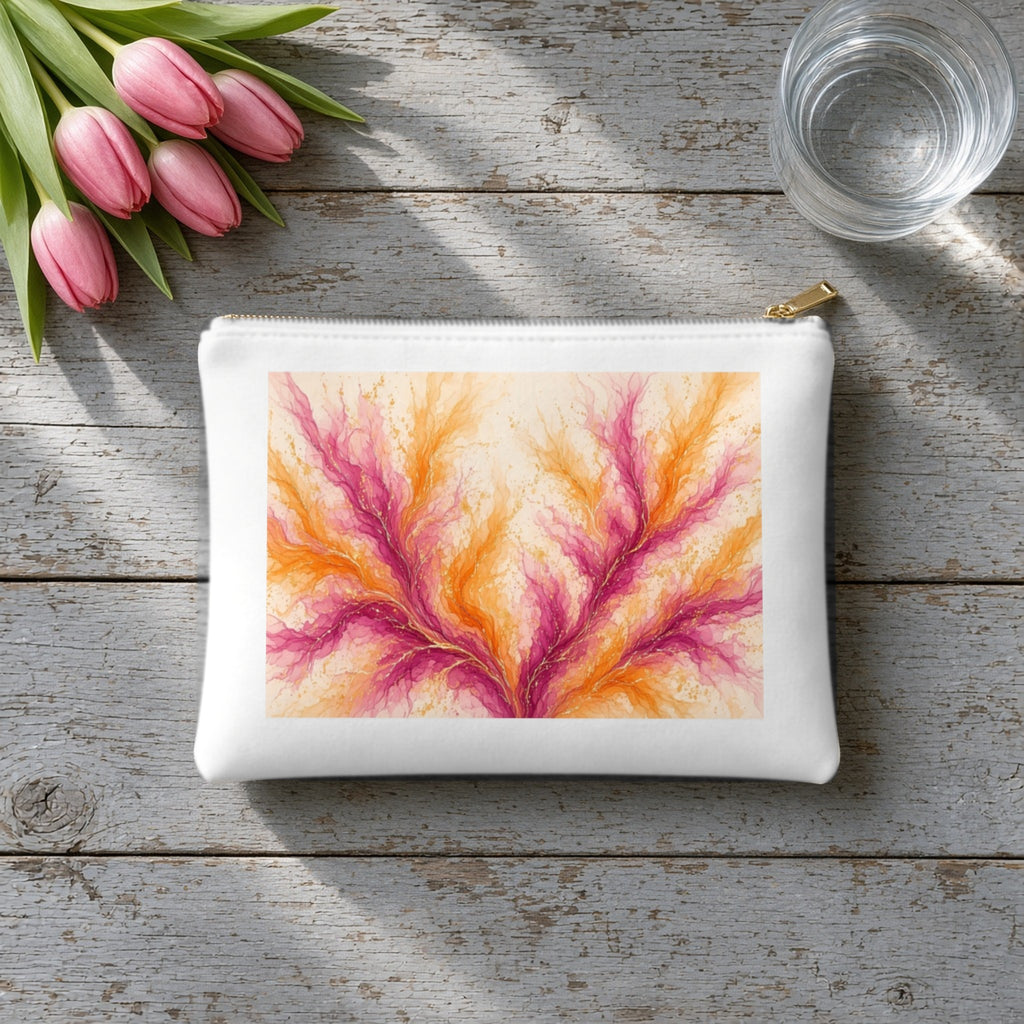 Sunset Ink Branches canvas cosmetic bag on grey wood with tulips