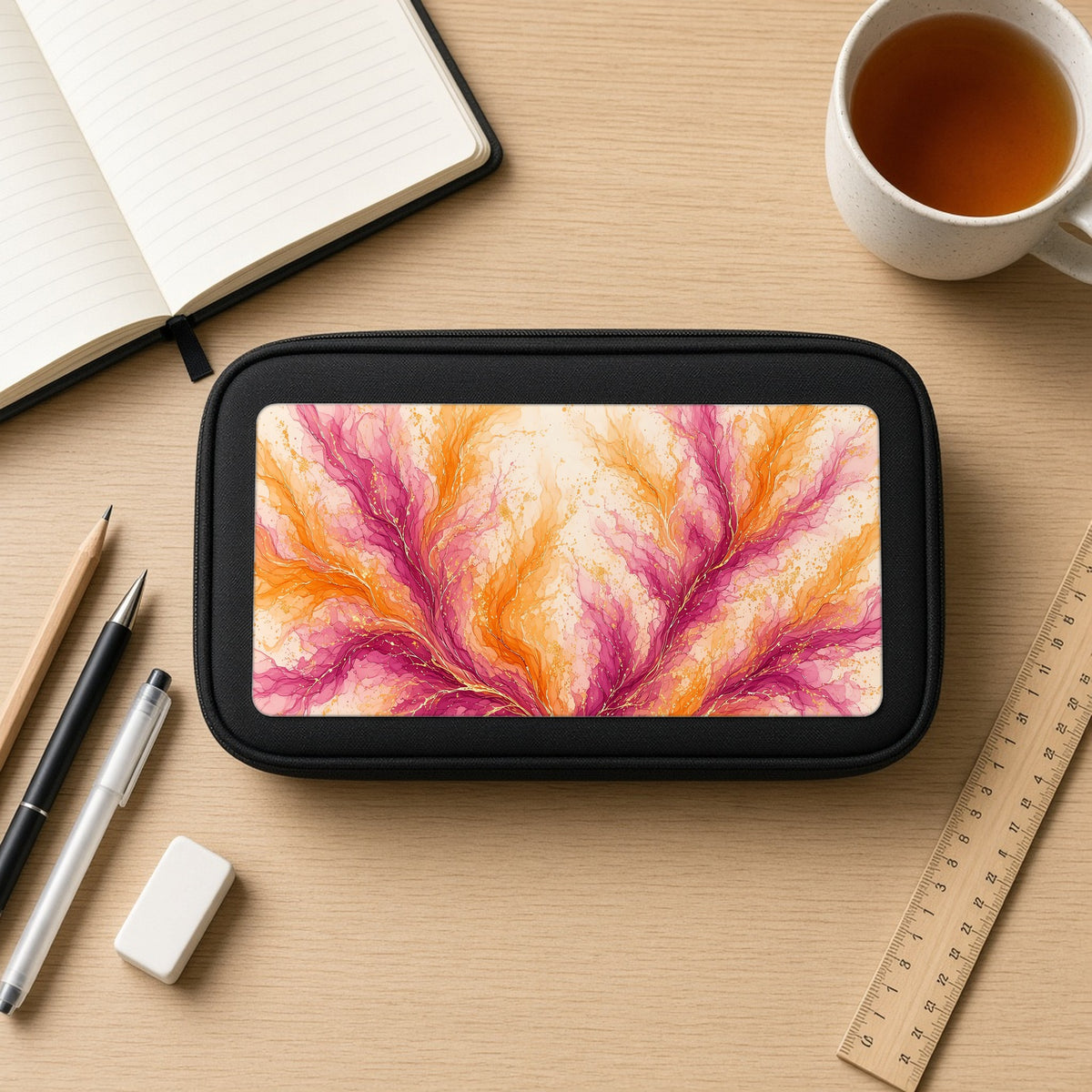 Sunset Ink Branches pencil case on a wooden desk with notebook, pens and a cup of tea