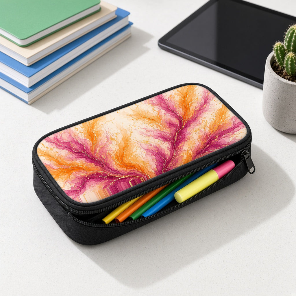 Sunset Ink Branches pencil case open with colourful pens and highlighters on a white desk