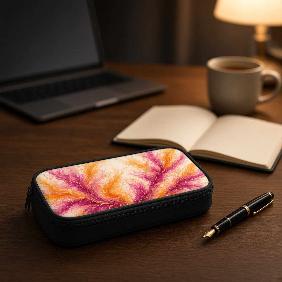 Sunset Ink Branches pencil case on a wooden desk beside an open notebook and fountain pen