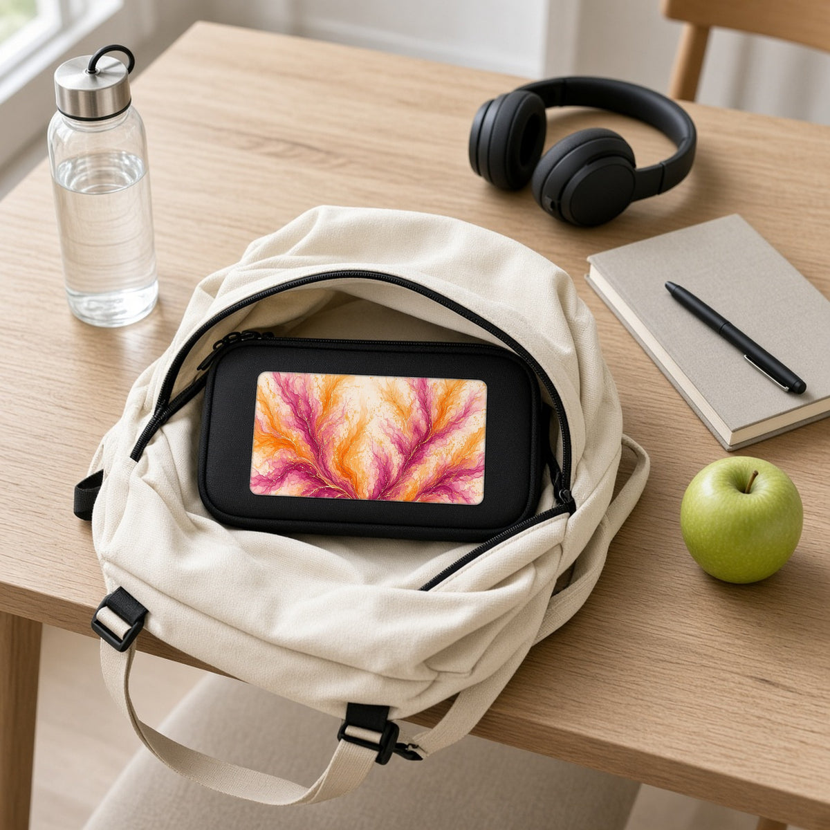 Sunset Ink Branches pencil case packed in a school backpack with headphones and an apple