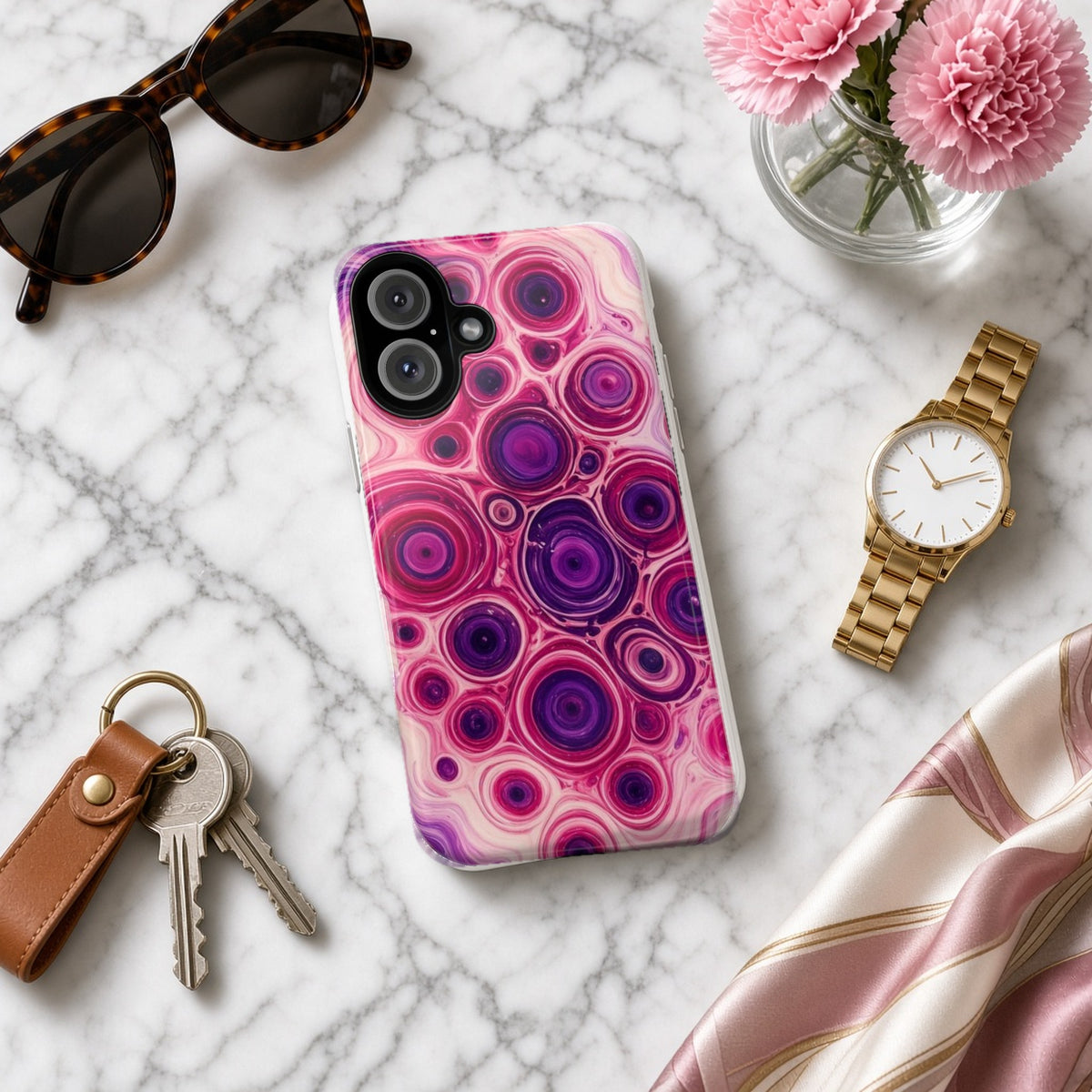 Berry Puddle Pour tough phone case on white marble with a watch, keys and sunglasses