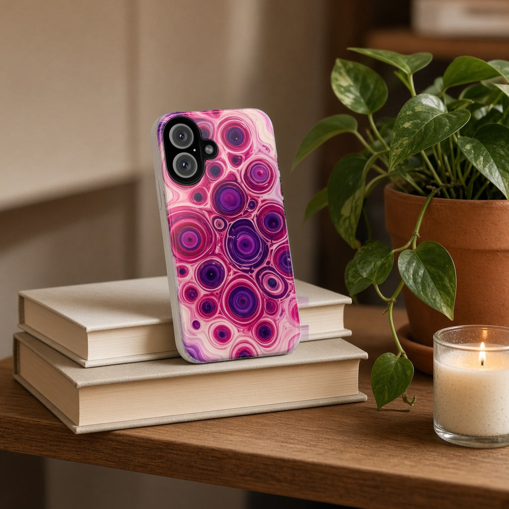 Berry Puddle Pour tough phone case propped on a stack of books beside a plant and candle