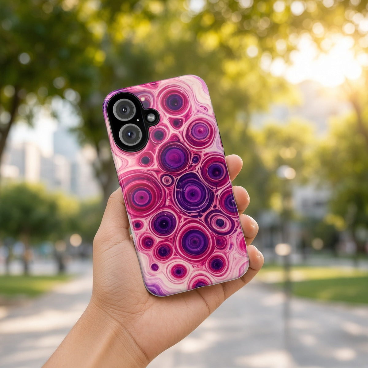 Hand holding the Berry Puddle Pour tough phone case outdoors in a sunny park