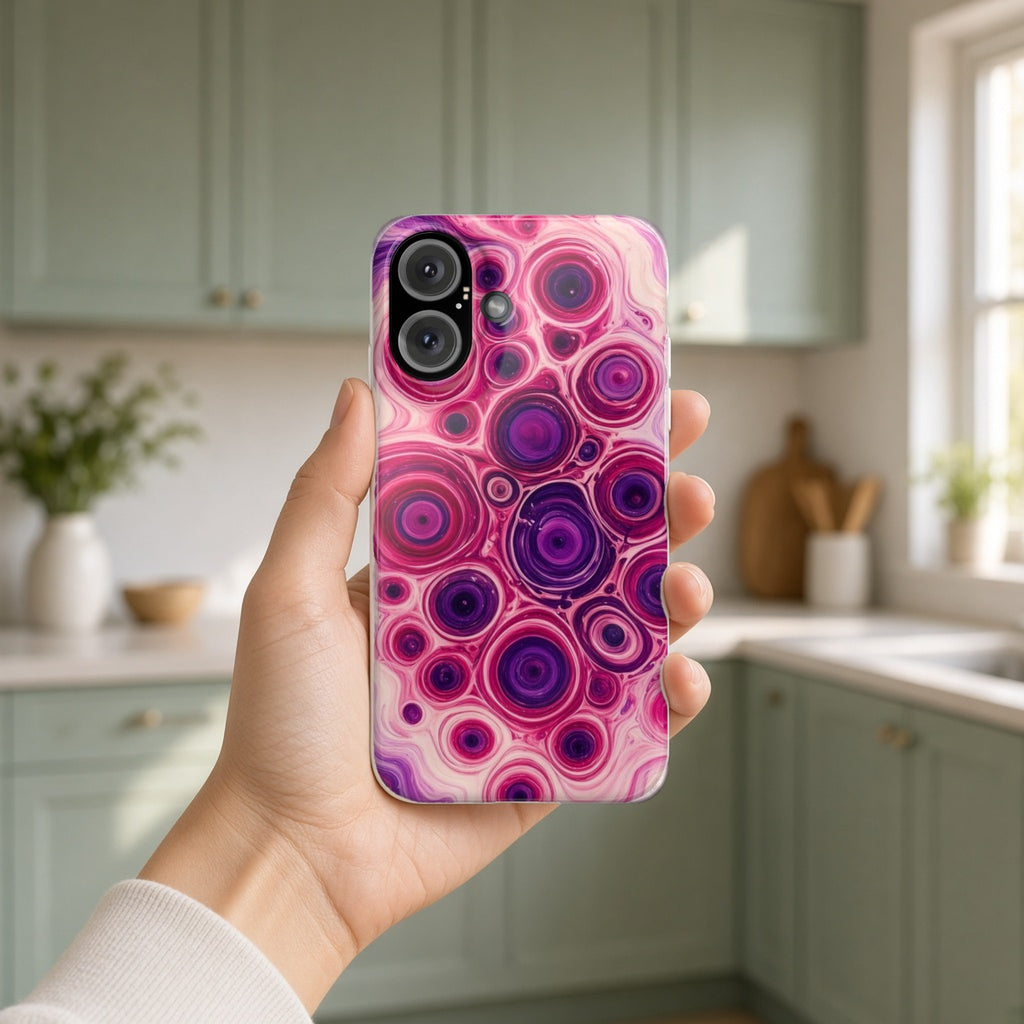 Hand holding the Berry Puddle Pour slim phone case in a bright kitchen