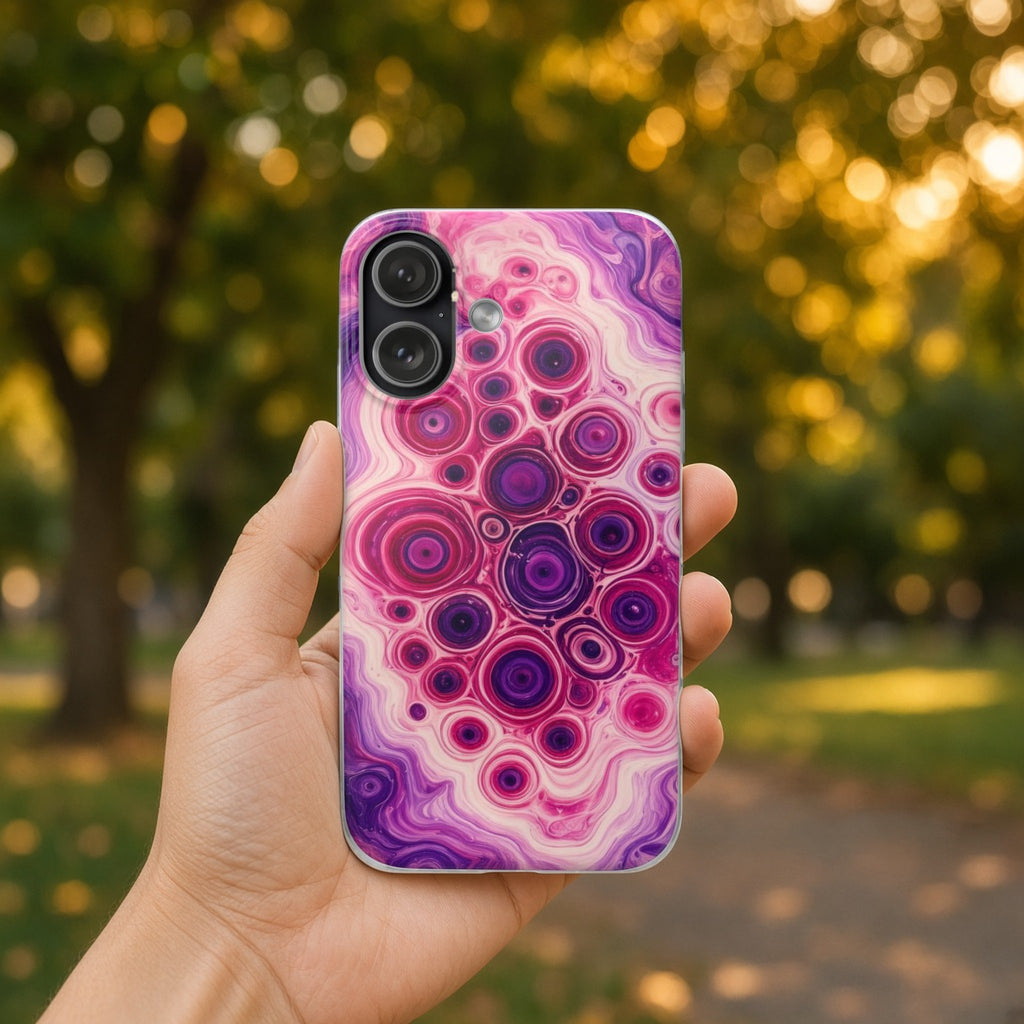 Hand holding the Berry Puddle Pour flexi phone case in a leafy park