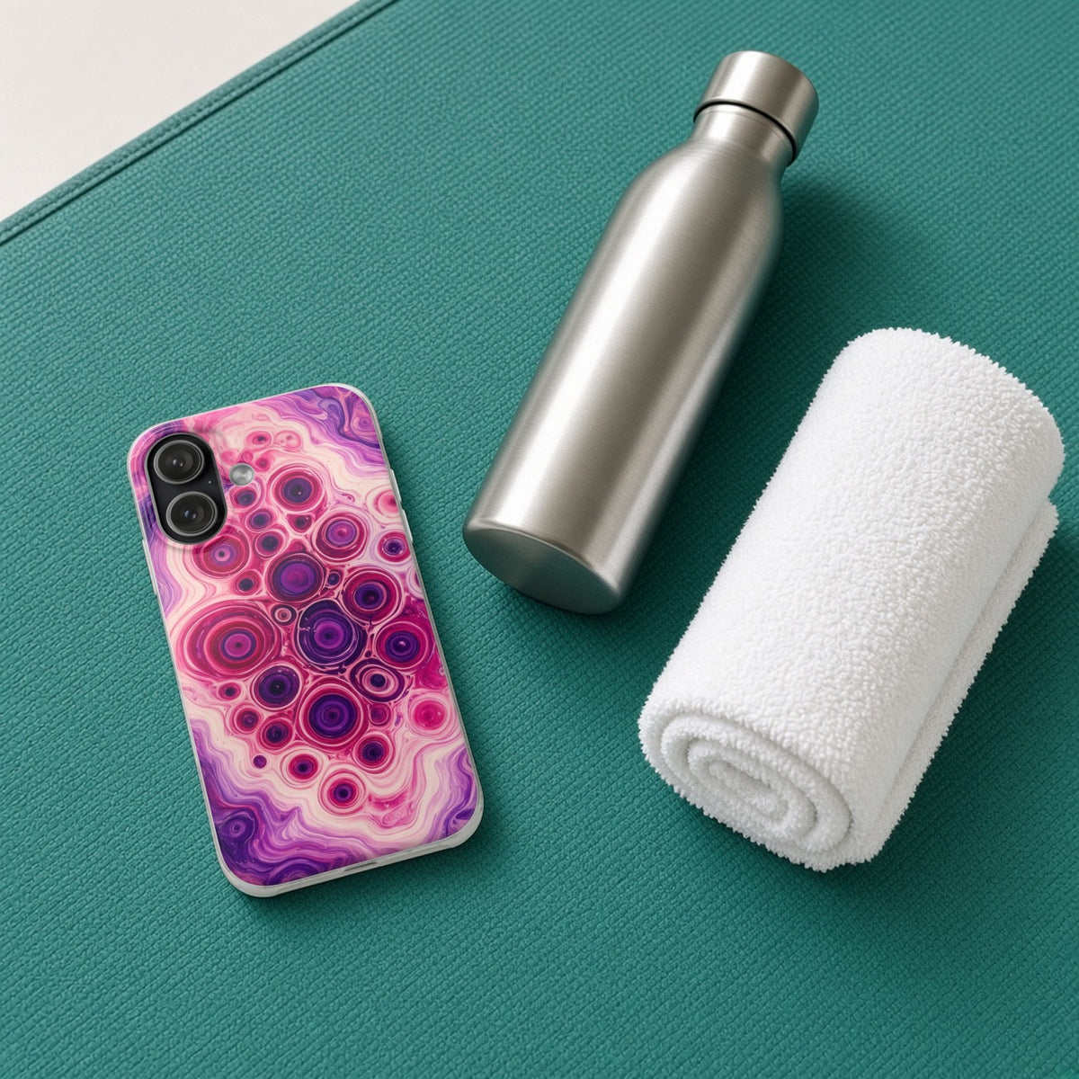 Berry Puddle Pour flexi phone case on a teal yoga mat with a water bottle and towel