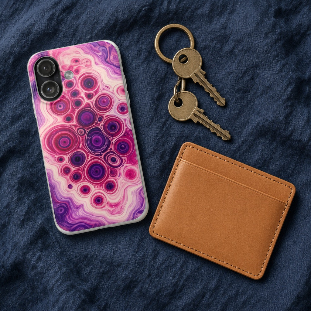 Berry Puddle Pour flexi phone case on navy linen with keys and a leather wallet