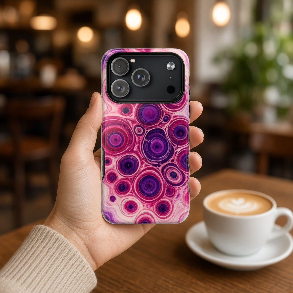 Hand holding the Berry Puddle Pour magnetic iPhone case in a cafe beside a latte