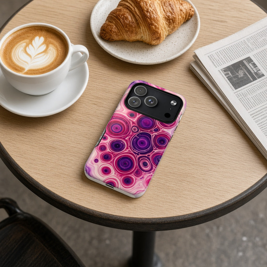 Berry Puddle Pour magnetic iPhone case on a cafe table with a latte, croissant and newspaper