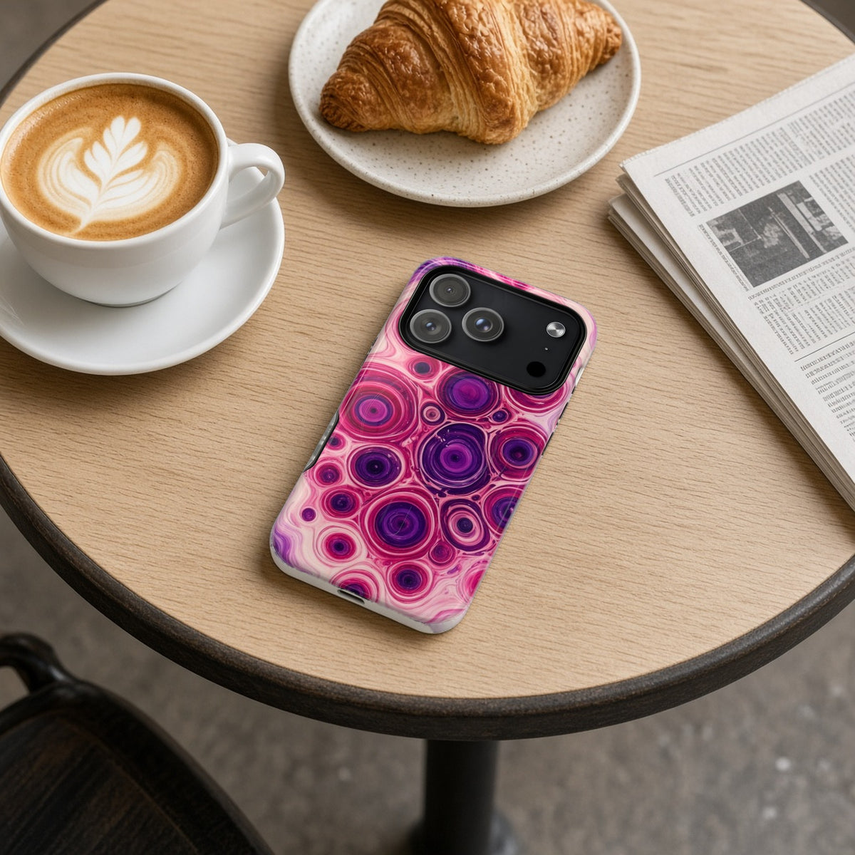 Berry Puddle Pour magnetic iPhone case on a cafe table with a latte, croissant and newspaper