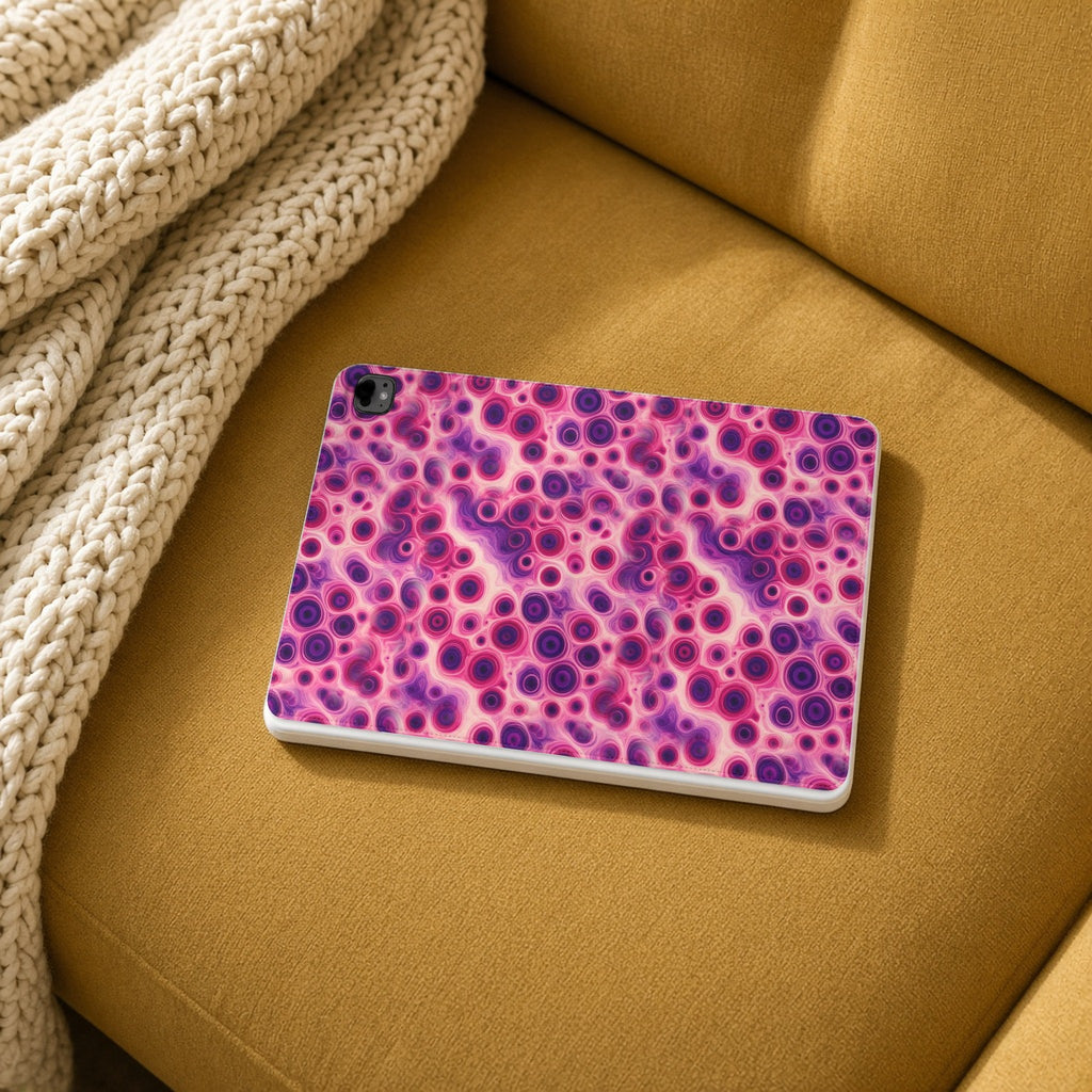 Berry Puddle Pour iPad folio case on a mustard sofa with a knit throw