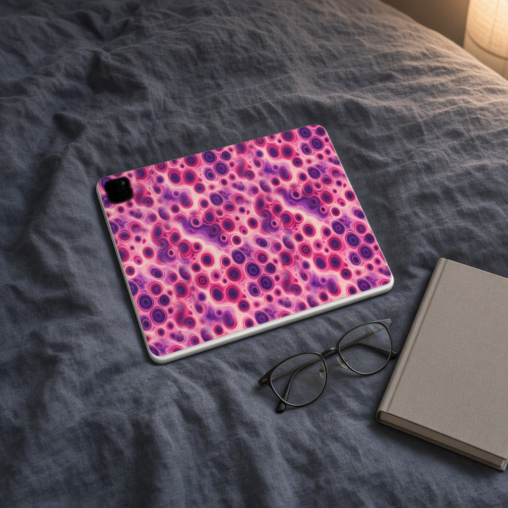 Berry Puddle Pour iPad folio case on slate-blue bedding with a book and glasses