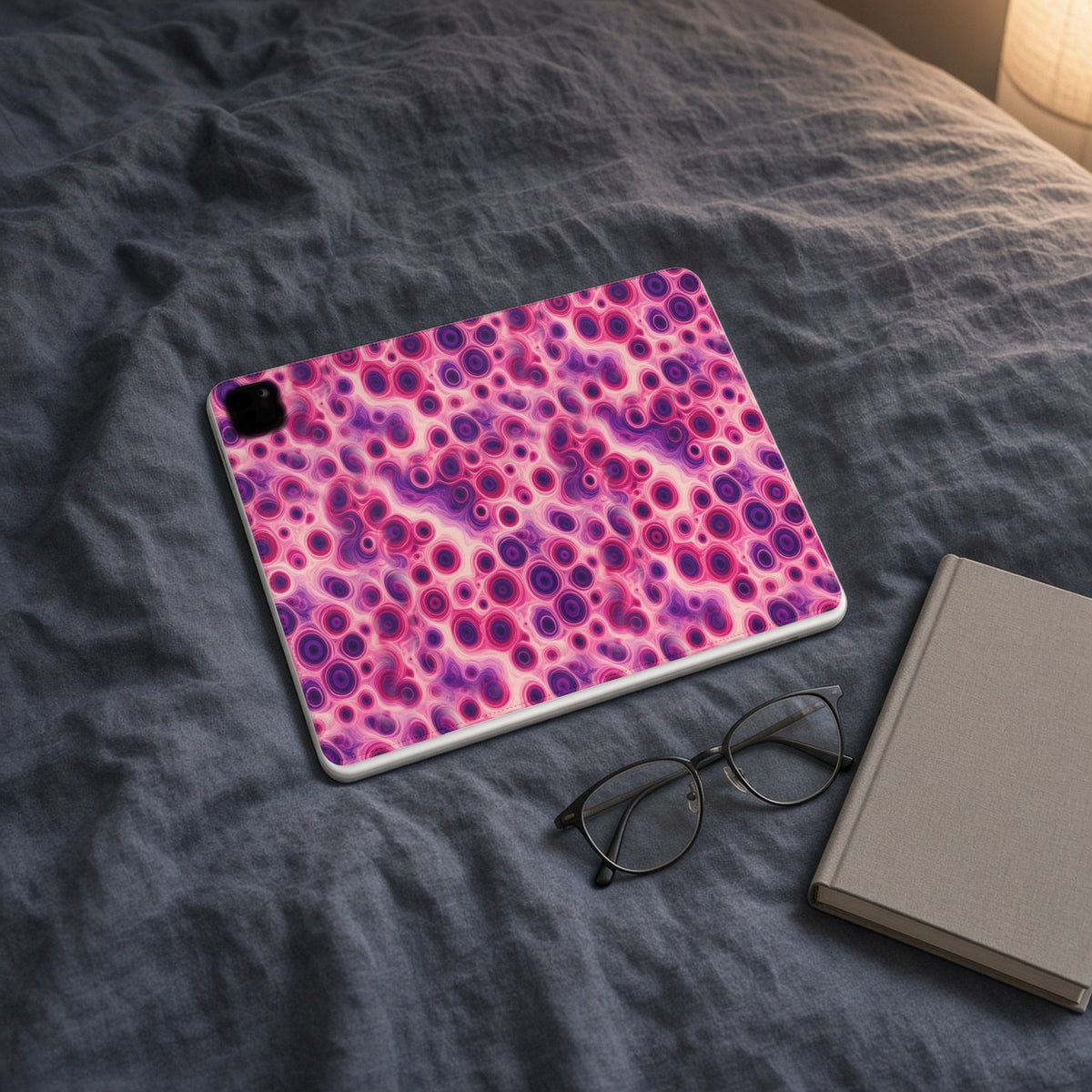 Berry Puddle Pour iPad folio case on slate-blue bedding with a book and glasses