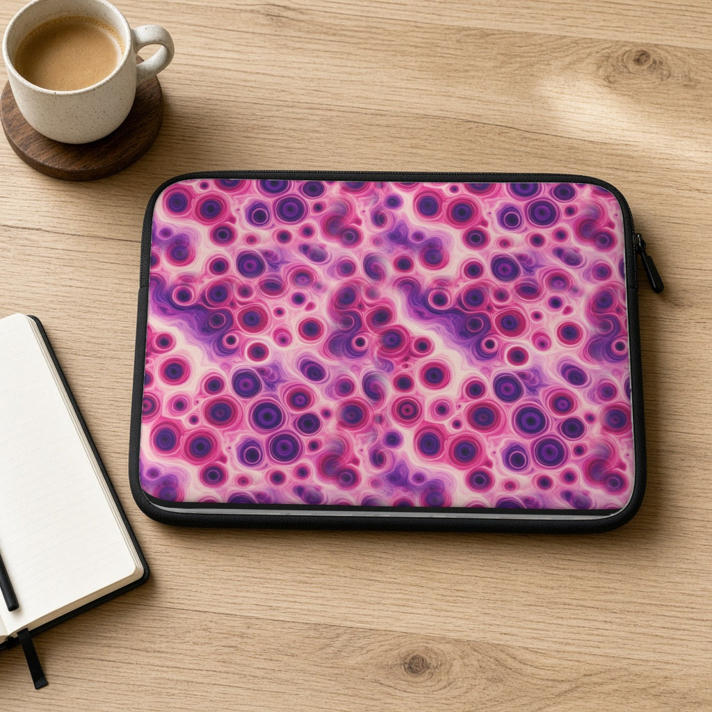 Berry Puddle Pour laptop sleeve on an oak desk with coffee and a notebook
