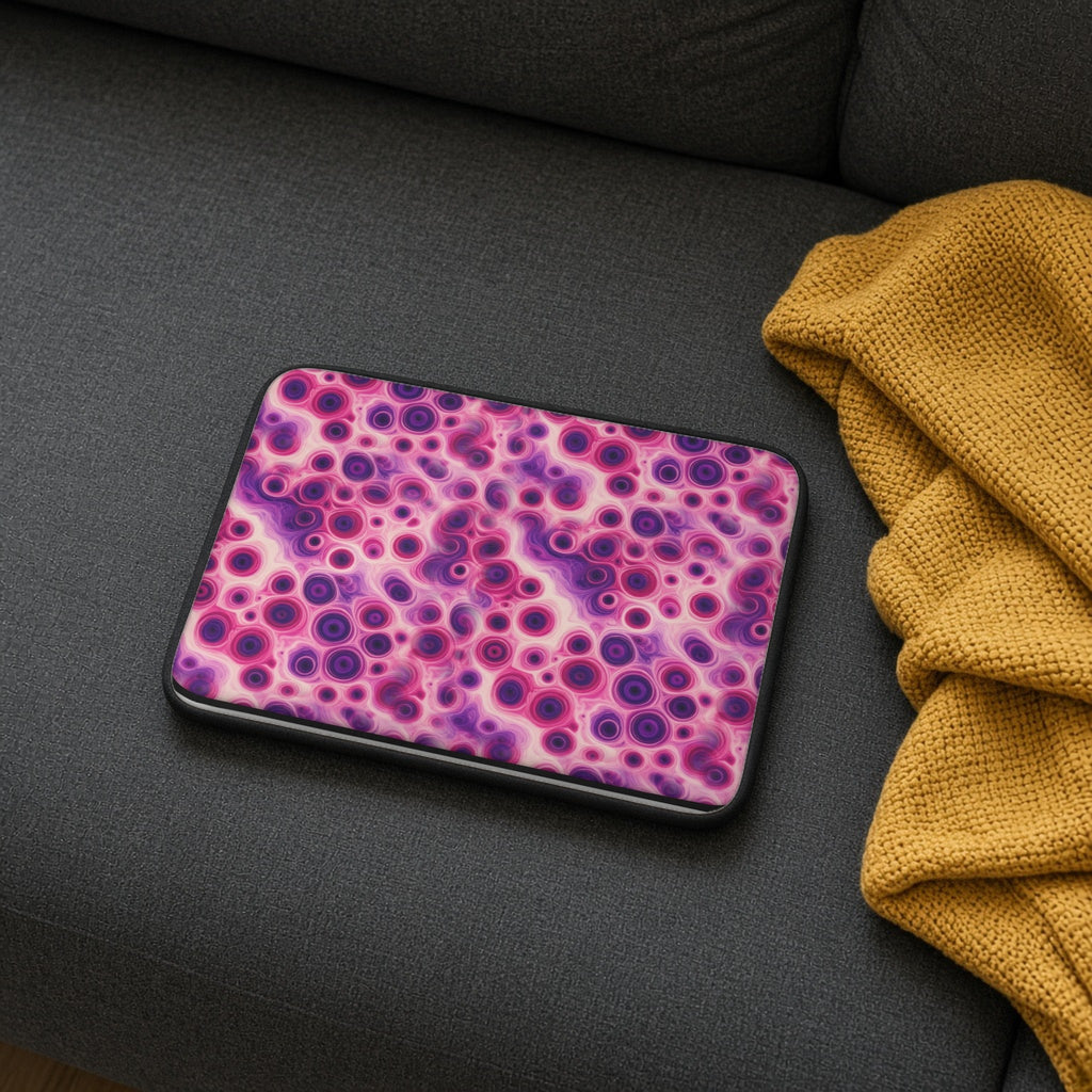 Berry Puddle Pour laptop sleeve on a charcoal sofa with a cosy throw