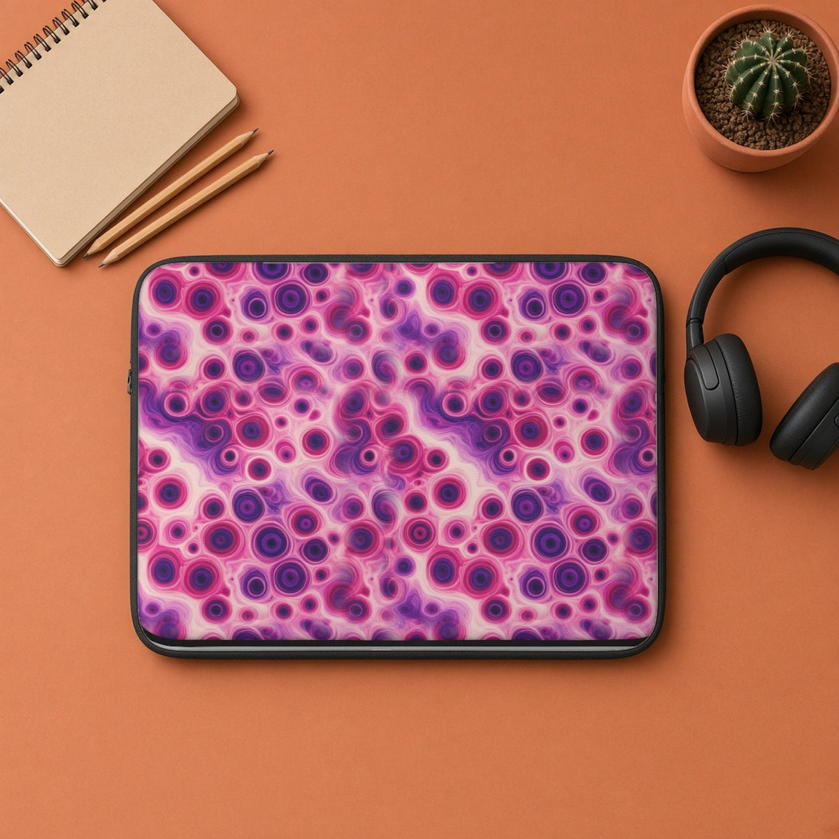 Berry Puddle Pour laptop sleeve flat lay on terracotta with headphones and a notebook
