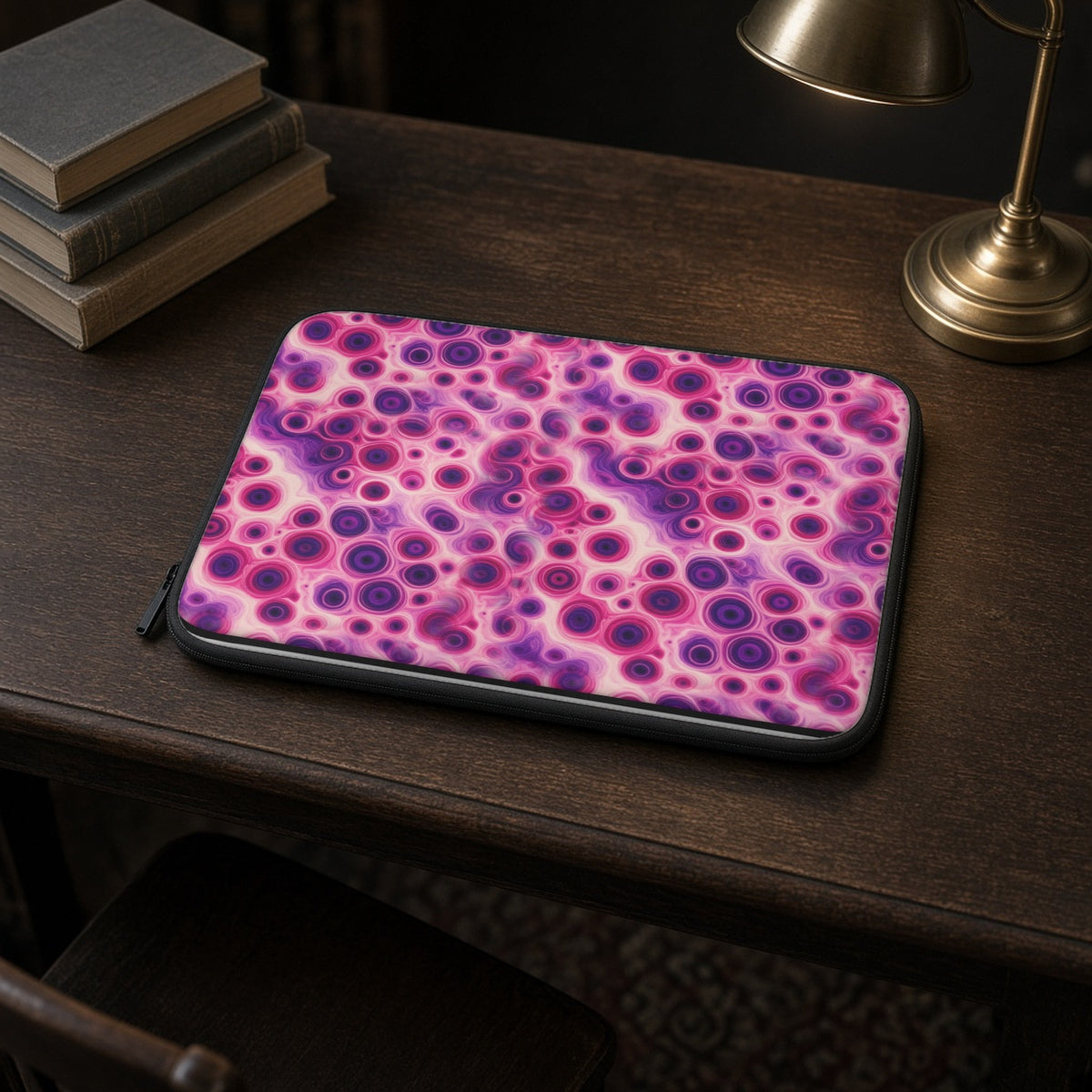 Berry Puddle Pour laptop sleeve on a dark wood library desk with books and a lamp