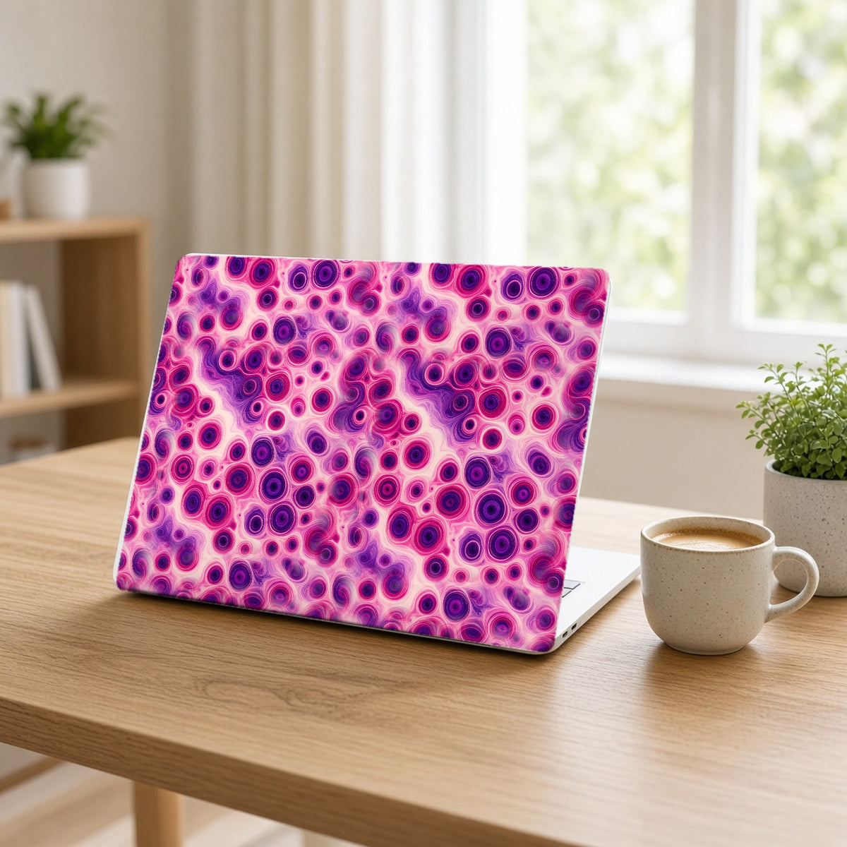 Berry Puddle Pour matte MacBook case on an open laptop at a home office desk