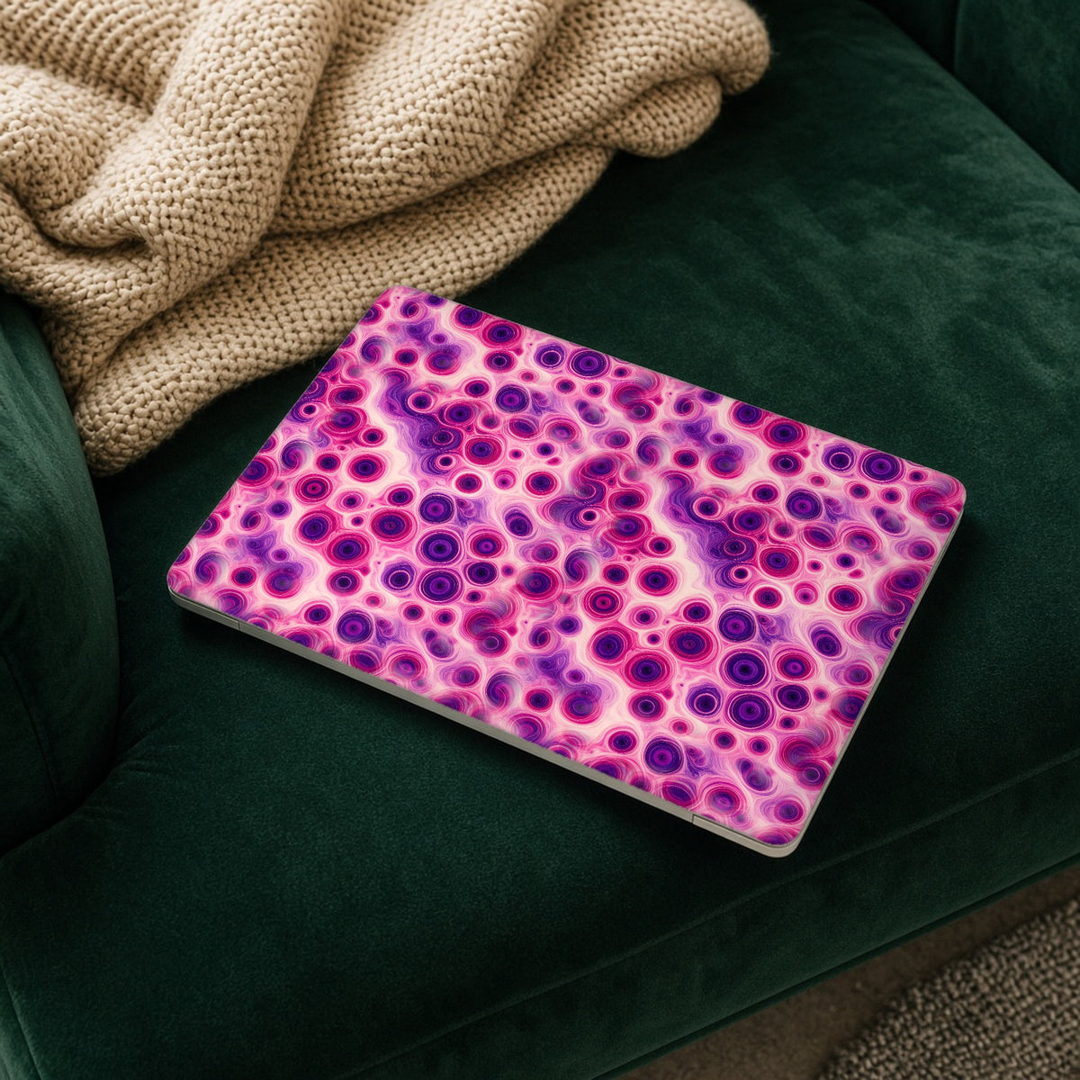 Berry Puddle Pour matte MacBook case on a laptop resting on a green velvet sofa