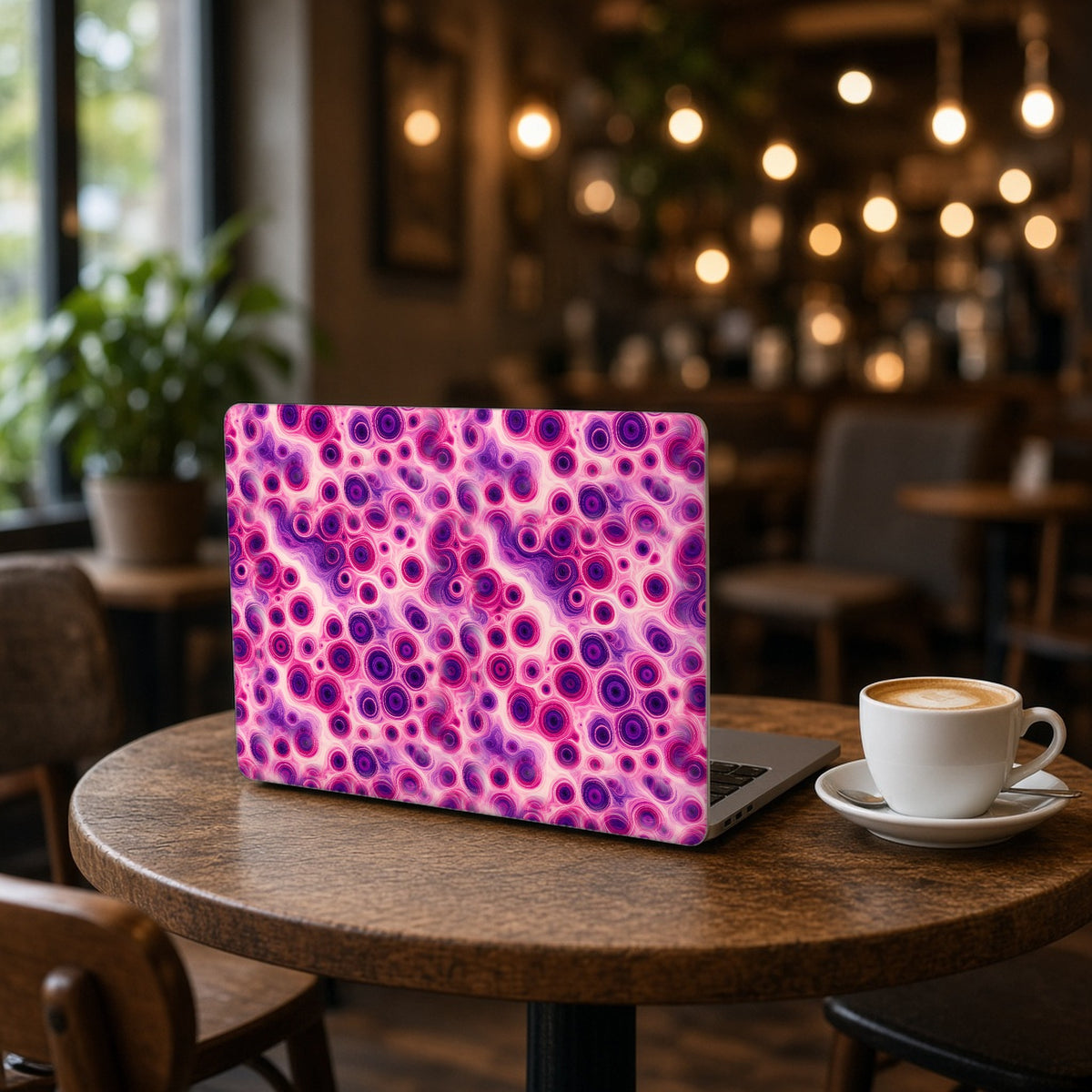 Berry Puddle Pour matte MacBook case on an open laptop on a cafe table